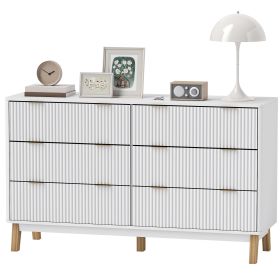 HOMCOM 6 Drawer Double Dresser for Bedroom, Fluted Chest of Drawers with Gold Finger Pulls and 5 Wood Legs, White