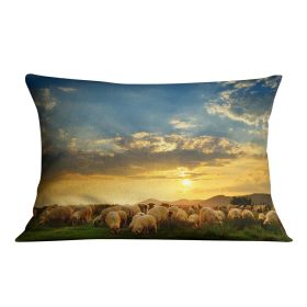 Flock of sheep grazing in a hill at sunset Cushion (Insert: Without Insert, size: 18" X 18")